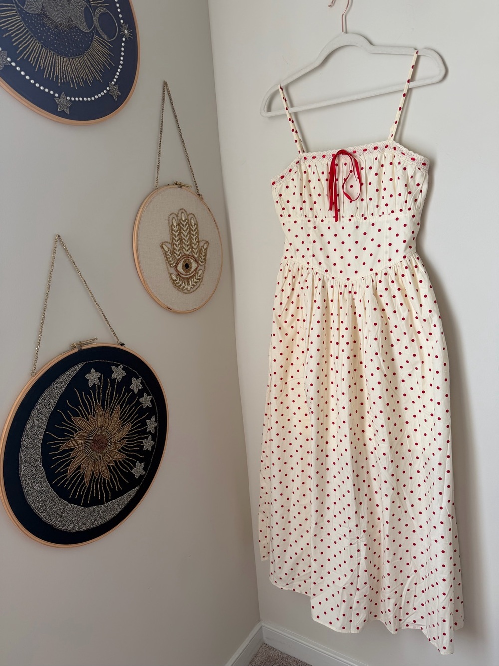 Cream red polka dot cotton spaghetti strap Midi Dress